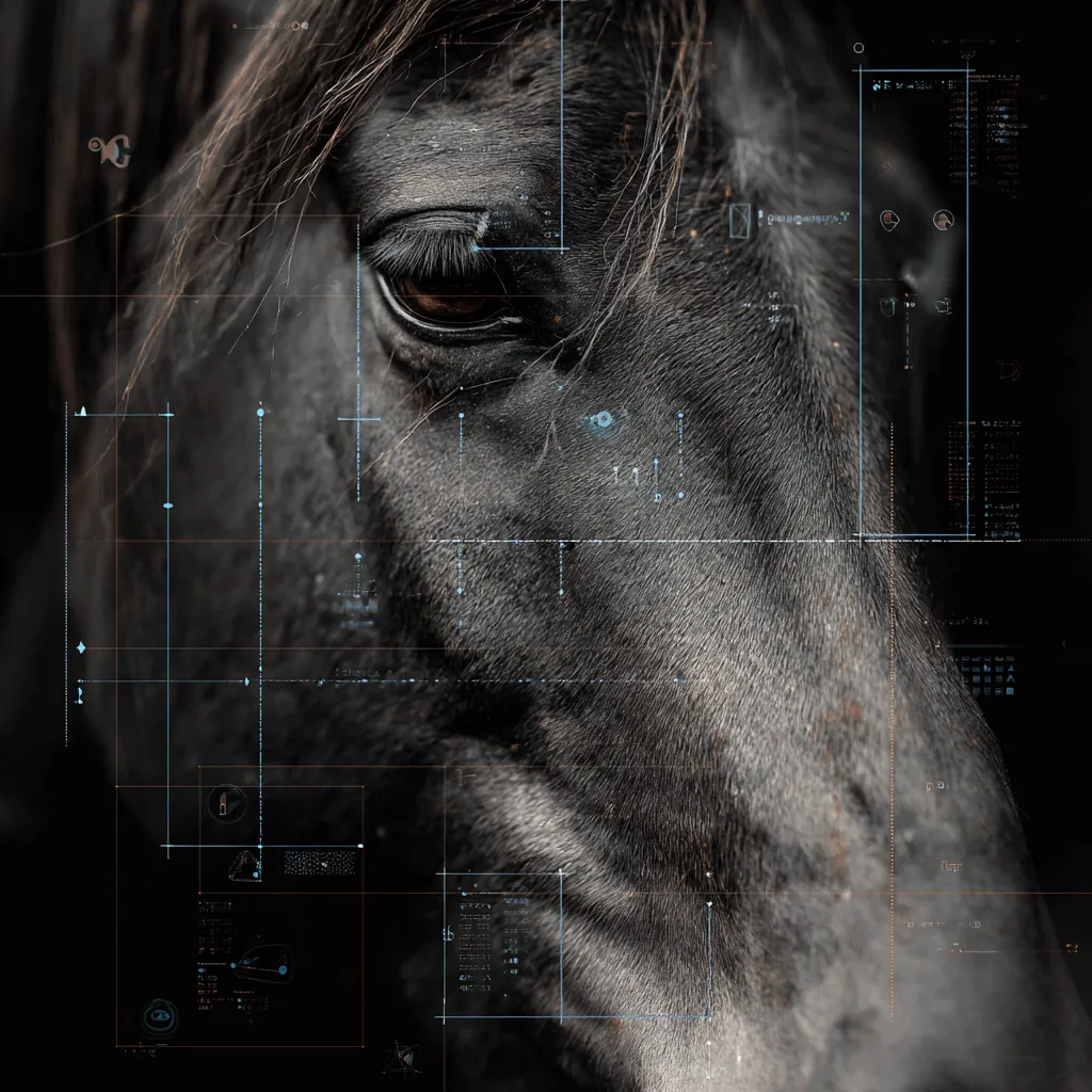 Close-up portrait of a horse with subtle data-annotation overlay — AI in veterinary diagnostics