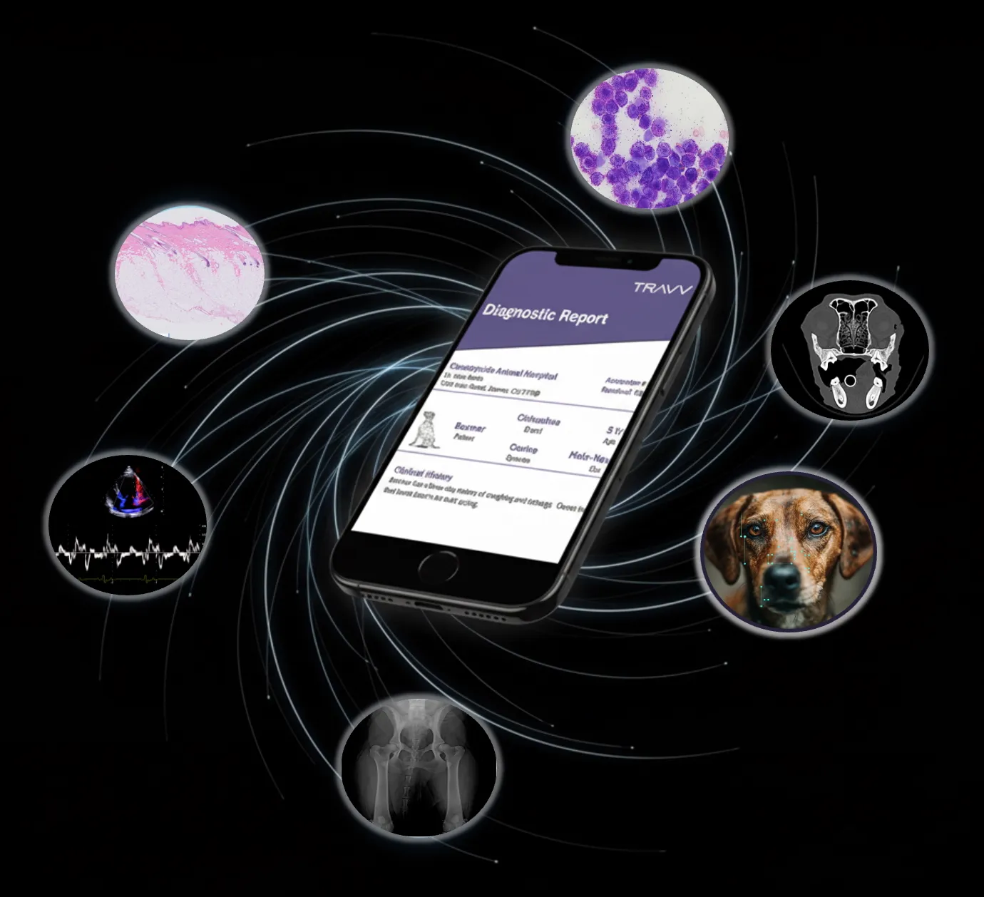 A Travv diagnostic report on a phone, surrounded by orbiting cytology, pathology, CT, AI, cardiology, and radiology services