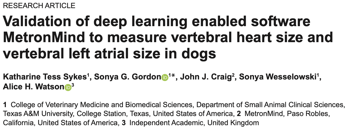 Title and authors of the published validation study for Travv's VHS and VLAS radiology AI models